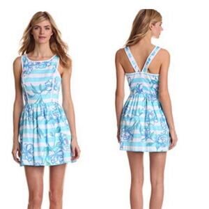 Lilly Pulitzer Sandrine Dress Shorely Blue Floral Striped Tossing The Line Sz 4